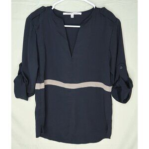 Collective Concepts Black Tunic Top V Neck Semi Sheer Roll Tab Sleeve Womens XS